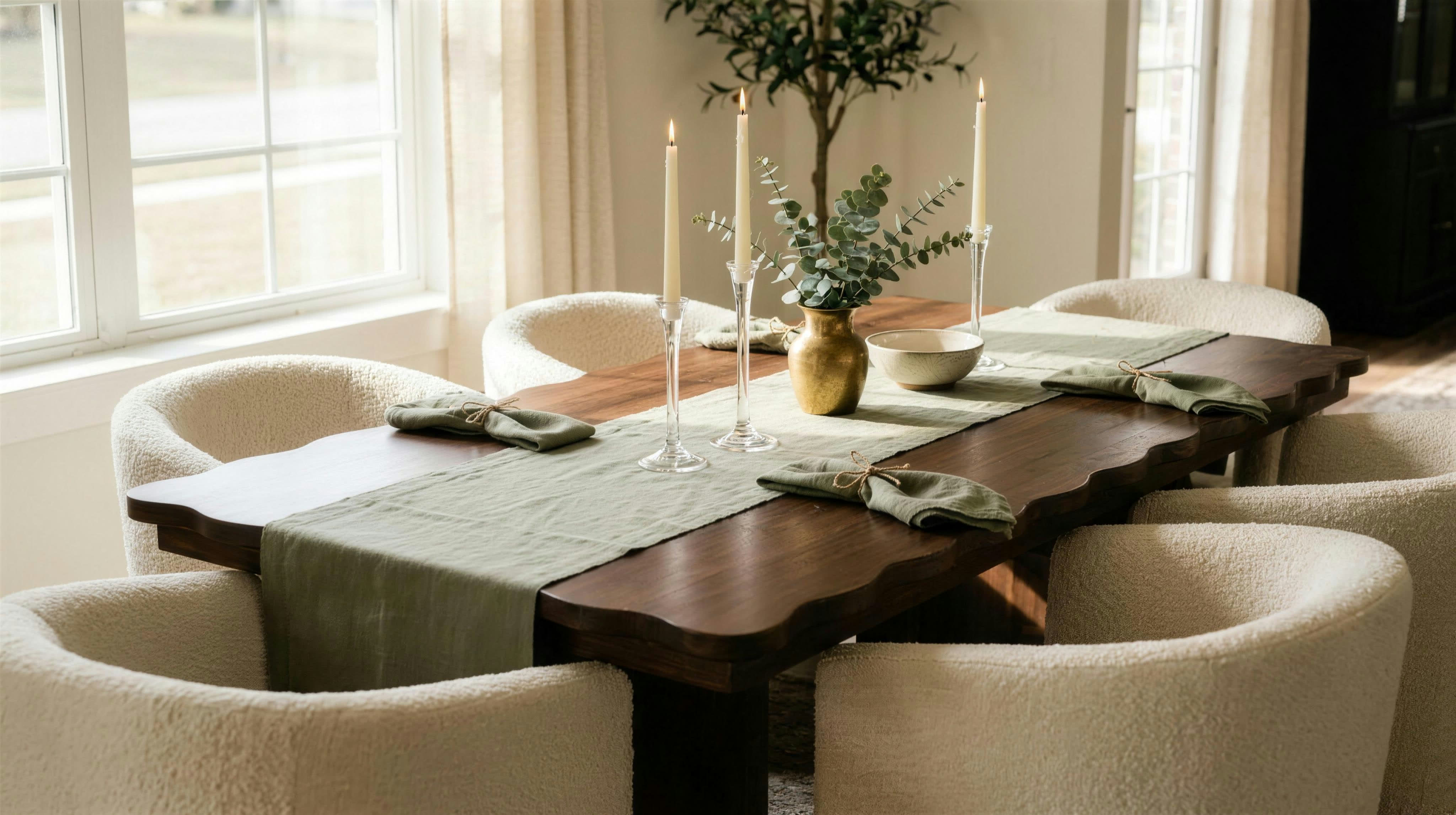 Concept visualization: soft dining with live-edge walnut table and upholstered barrel chairs