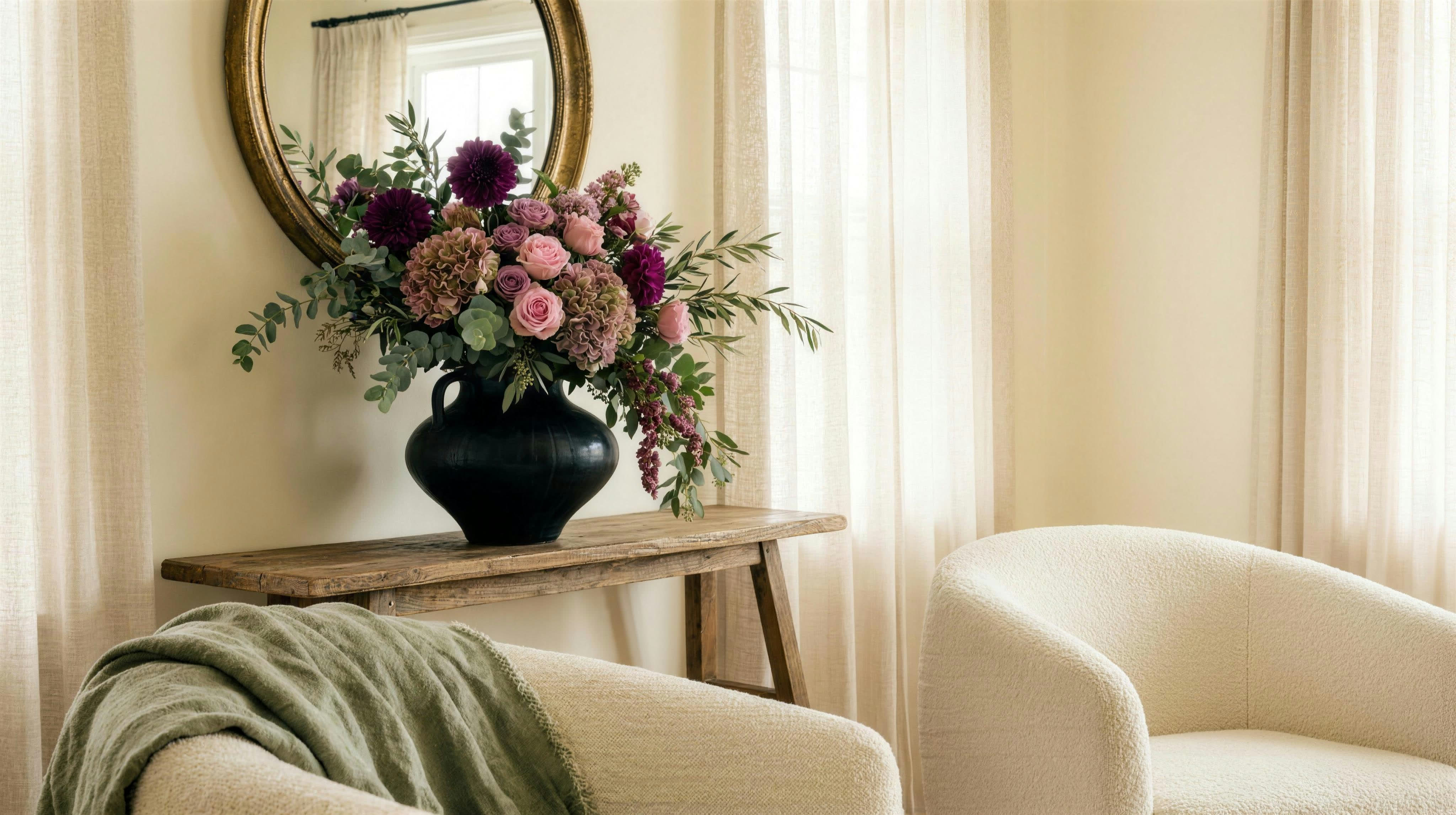 Concept visualization: dramatic floral arrangement in an ink-black vase under a gold mirror