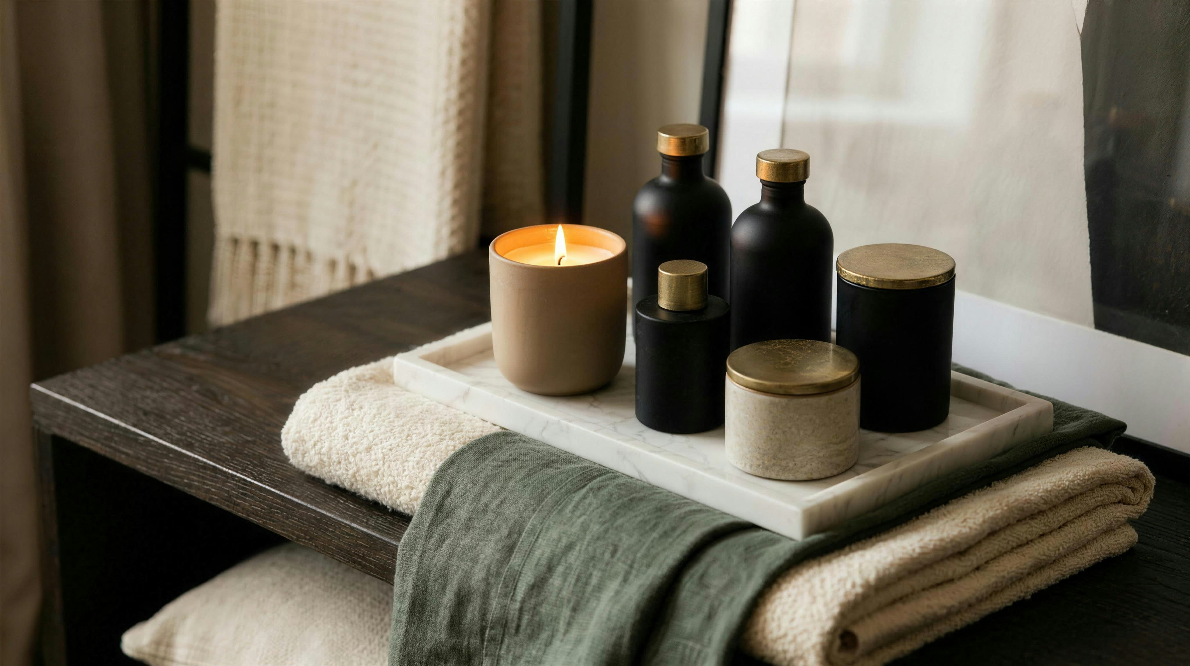 Concept visualization: matte black fragrance vessels with gold caps on a marble tray by candlelight