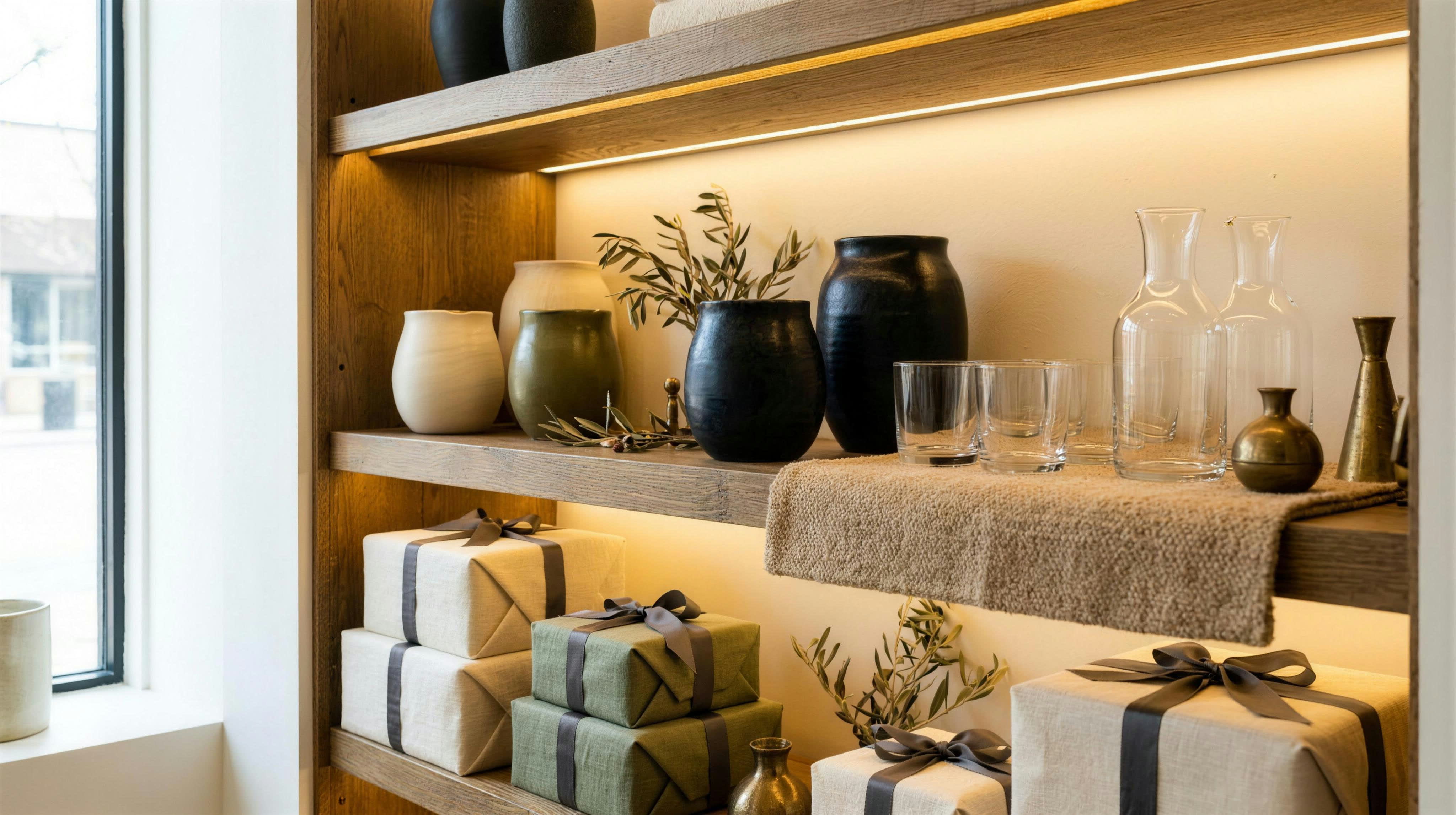 Concept visualization: styled gift shelf with artisan glassware and wrapped linen boxes