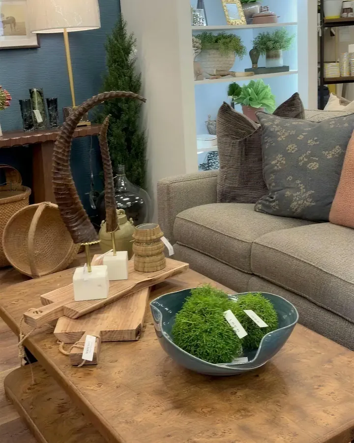 A blue room setting with a wood coffee table